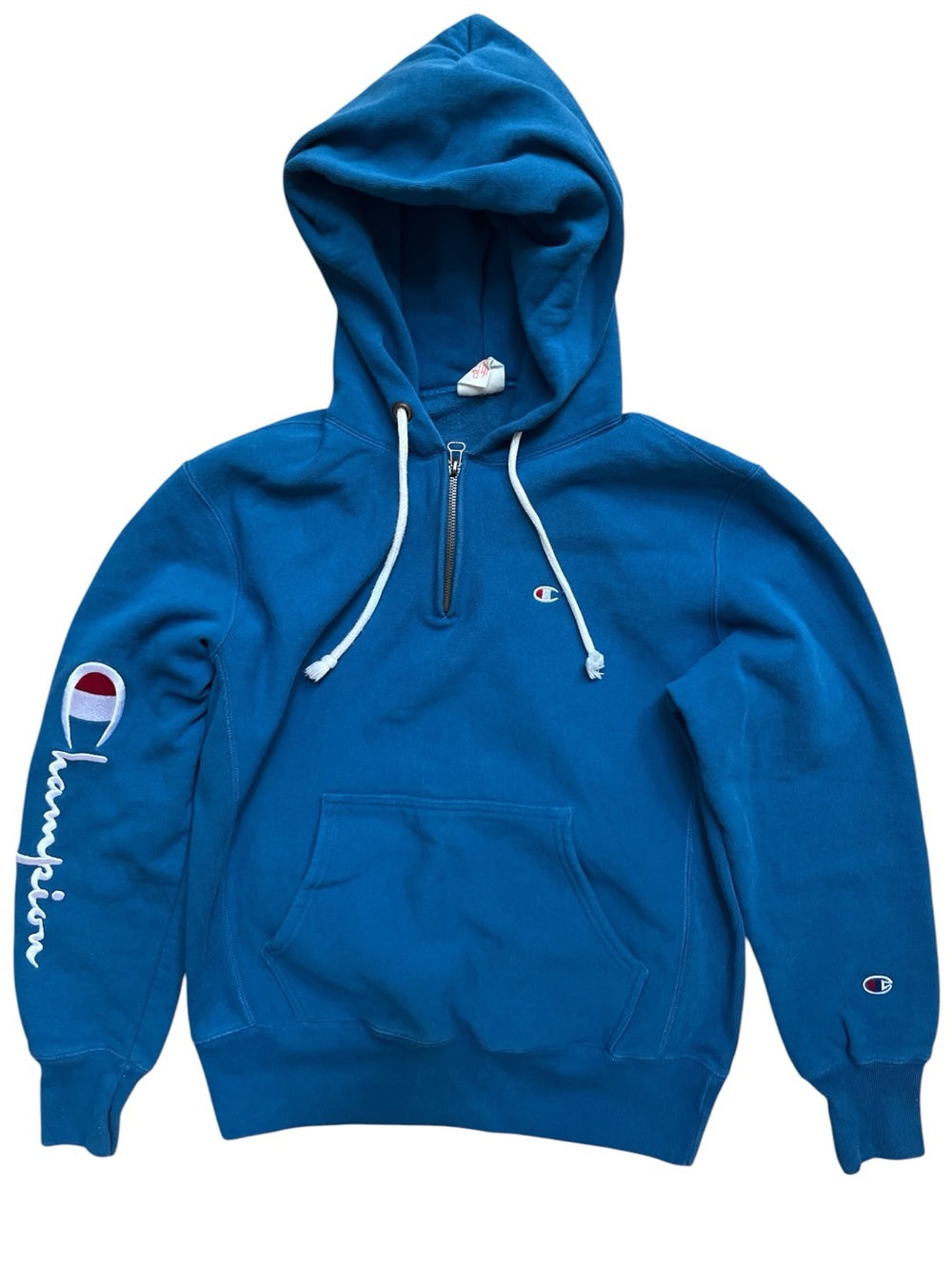 Vintage Champion Reverse Weave Quarter Zip Hoodie Blue Large Embroidered Logo